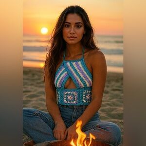 Handmade Blue White Purple Crochet Cut Out Criss Cross Granny Square Crop Top  M